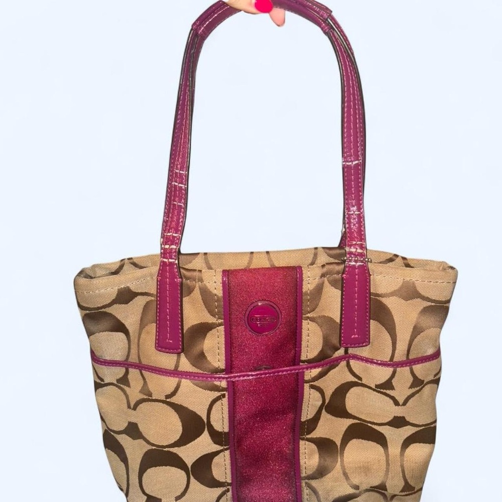 Coach Signature Canvas Tote with Berry Pink Leather Handles